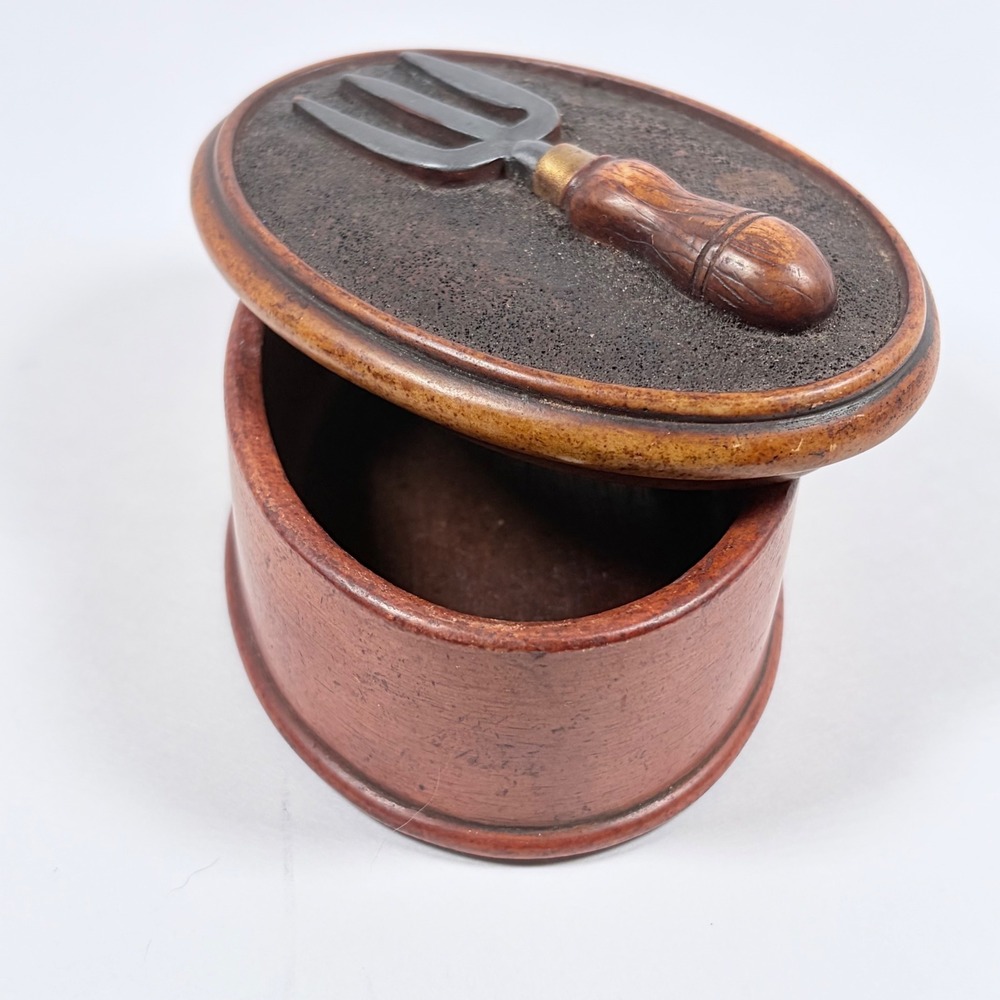 Oval Wooden Trinket Box Garden Rake Tool Lid Rustic Felt Lined Decor